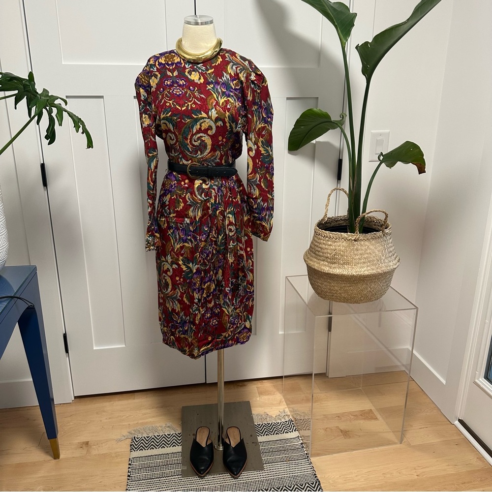 100% Silk Tetris Floral Print Long Sleeve Dress